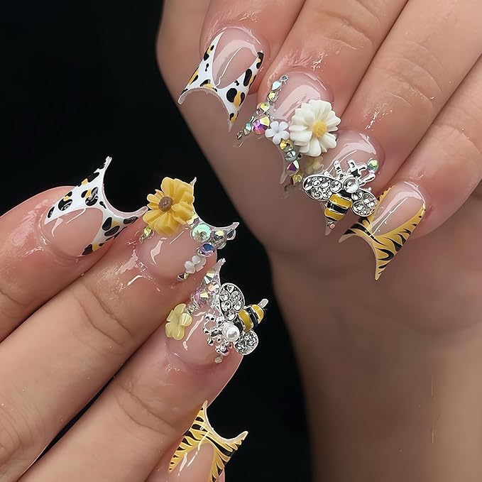 100PCS Nail Charms and Gems Gold Bee Yellow Flower for Nails Design，3D Daisy Y2k Nail Jewels Bulk Nail Art Decor Set