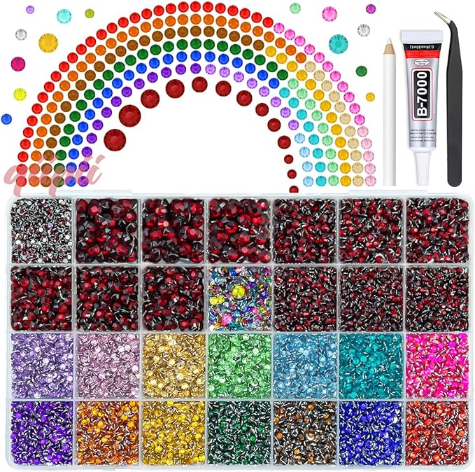 28 Grids Dark Red 2mm-6mm Resin Rhinestones w B7000 Glue for Bedazzling Crafting Maroon Flatback Stones Diamonds Crystals Gems Colorful Bedazzler Kit for Nails Face Eyes Makeup Tumblers Crafts