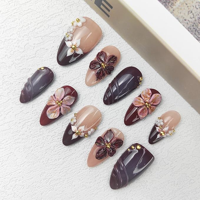 2025 Twilight Bloom Dark Fantasy Short Press On Nails Handmade PMMA Acrylic Reusable Tips w/Box Gifts for Women (Twilight Bloom, M)