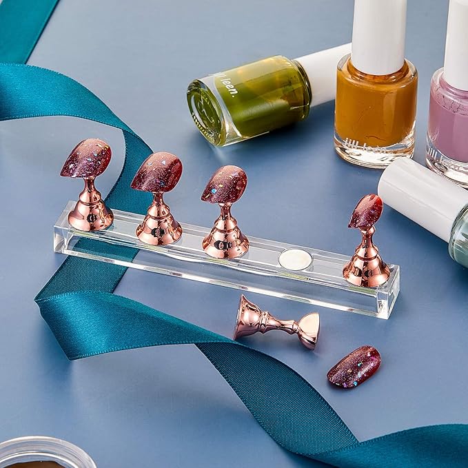 Blulu 2 Sets Nail Stand for Press on Acrylic Nails Display Practice Magnetic Fake Nail Holder for Painting Nails for False Fingernail Manicure Tool Home DIY Salon Supplies(Rose Gold)