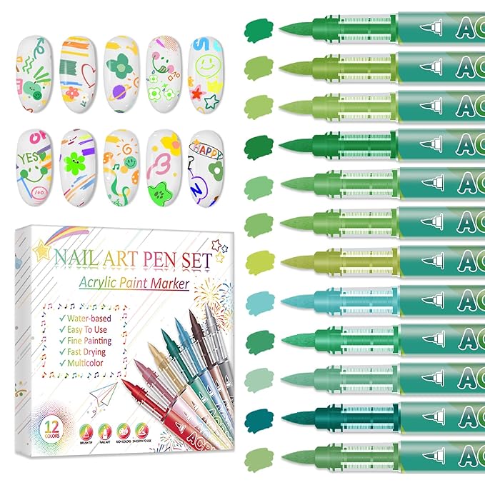 12 Colors Nail Art Pens Set, Nail Art Markers Polish Pens for Painting Nails, Acrylic Paint Drawing Painting Dotting Markers Pen Quick Drying Nail Art Design Manicure Tools 02 Green
