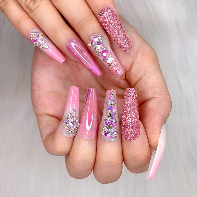 Artquee 36pcs Pink Ombre Crystal Press on Nails with 3D Rhinestones Mixed Pink Metal and Glitter Glossy False Nails Long Ballerina Coffin Flash Fake Nail Tips Manicure for Women
