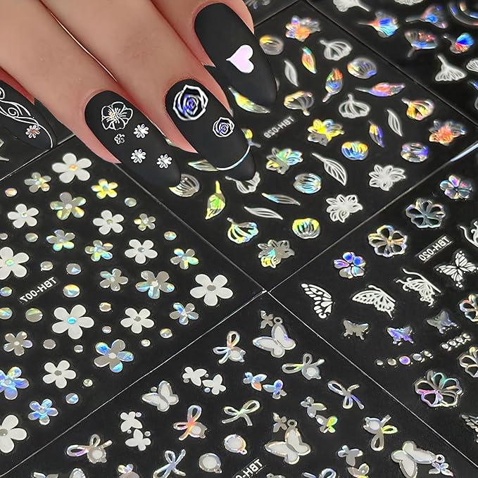30 Sheets Aurora Nail Art Stickers 3D Self-Adhesive Flower Nail Stickers for Nail Art Aurora Star Nail Art Stickers Line Nail Decals Heart Design Nail Decals for Nail Art for Women