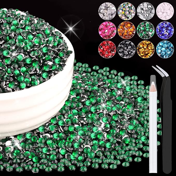 8000PCS 3mm Resin Rhinestones Bulk for Crafting (Dark Green), Flatback Bedazzling Crystals for Crafts DIY Nail Decoration, Gems Charms for Tumbler Shoes Clothing Fabric with Pickup Pen and Tweezers