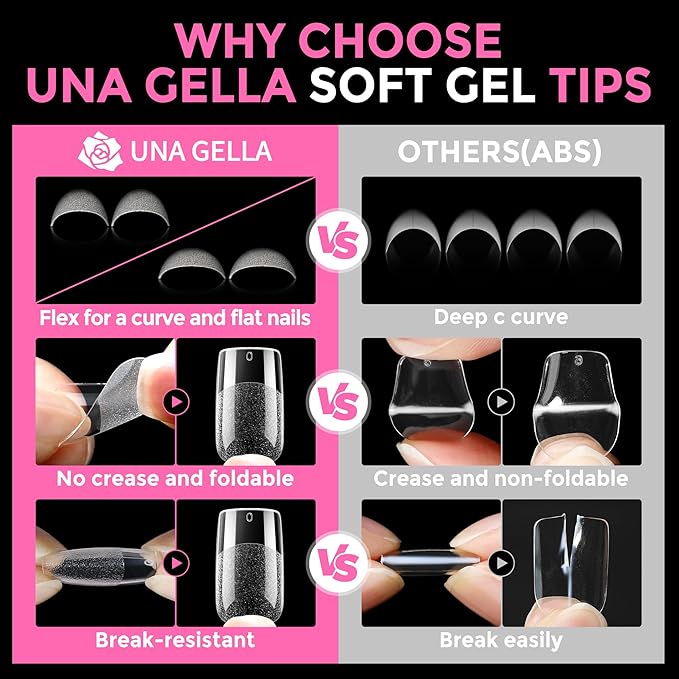 UNA GELLA Short Square Gel Nail Tips 216pcs Short Square Press on Nails Pre-Shape Fake Nails for Full Cover Acrylic Nails False Nails for Nail Extension Home DIY Nail Salon 12 Sizes Gelly Tips