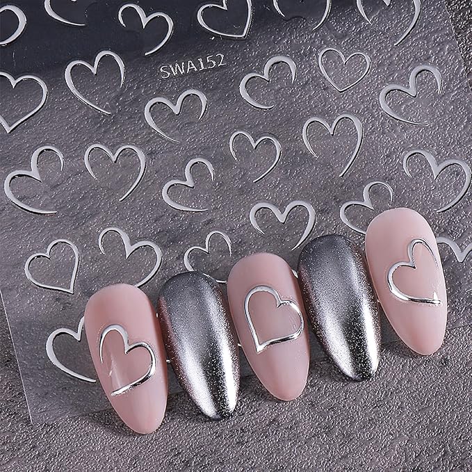 4 Sheets Valentines Nail Stickers for Nail Art 3D Self-Adhesive Gold Silvery Heart Nail Art Stickers Rose Red Holiday Nail Decals Romantic Heart Line Nail Art Supplies Design for Women Girls