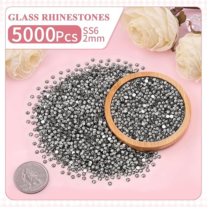 5000PCS SS6/2mm Crystal Rhinestones (Black Diamond), Bedazzling Flatback Glass Rhinestones for Crafting, Gems Diomand Charms for Tumbler Shoes Clothing Mugs Nail Art