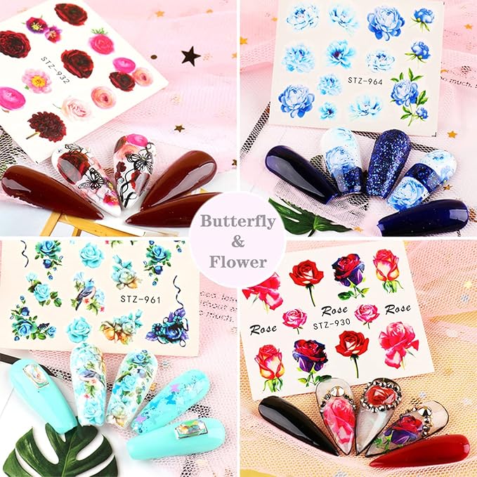 24 Sheets Flowers Nail Art Stickers Water Transfer Decals Floral Butterfly Rose Nail Art Design Nails Supplies for Women Girls Manicure Tips Decoration Holographic DIY Fingernail Charms Sticker