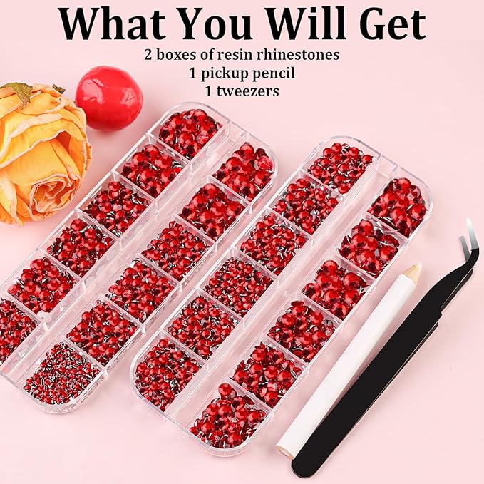 Resin Rhinestones for Crafting, 2 Boxes Red Flatback Crystals for Bedazzling Crafts DIY Nail Art Decoration, Non Hotfix Bulk Gems for Tumbler Shoes Clothing Fabric Face Makeup