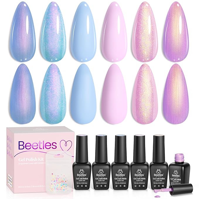 Beetles Pearl Glitter Gel Nail Polish Set, 6 Colors Baby Blue Shimmer Baby Pink Purple Mermaid Gel Polish Kit, Nail Drawing Soak Off Uv Led Swirl Gel Polish Shell Thread Spring Gift for Women