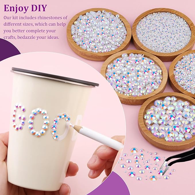 Resin Jelly Rhinestones for Crafting with B7000 Jewelry Glue, 2 Boxes White AB Flatback Crystals with 2Pcs 10ml Glue, Bedazzling Non Hotfix Gems for DIY Tumblers Clothing Shoes Manicure