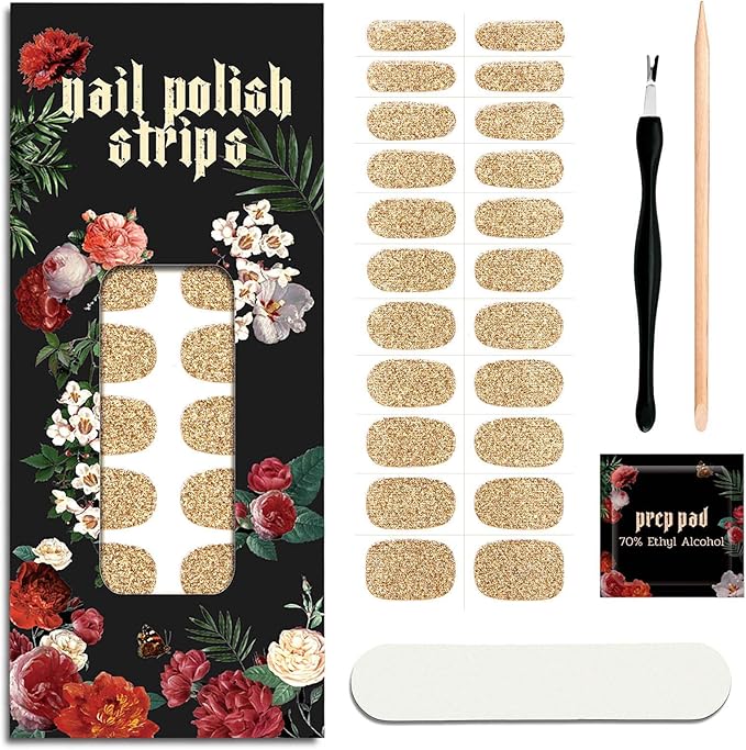 Nail Polish Strips (No UV Lamp Needed) - 22 Pcs Salon Quality Gel Nail Stickers - Long Lasting Wraps (Disco Ball Gold)
