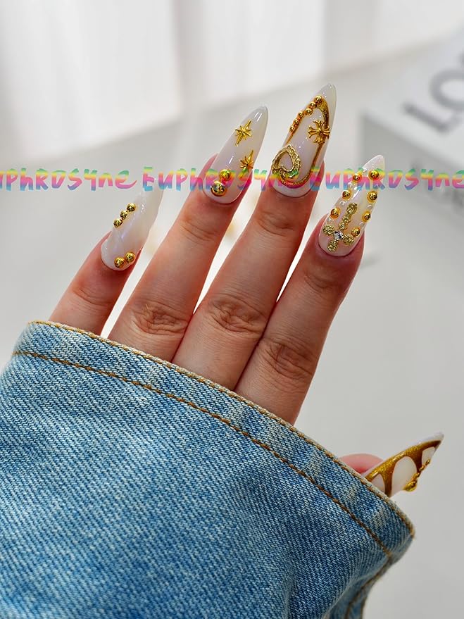 Euphrosyne 10pcs Long Oval Gold and White Press On Nails – Fake Nails with Stars, Hearts & Rhinestones | Glam Stick-On Nails for Christmas, New Year or Party Wear