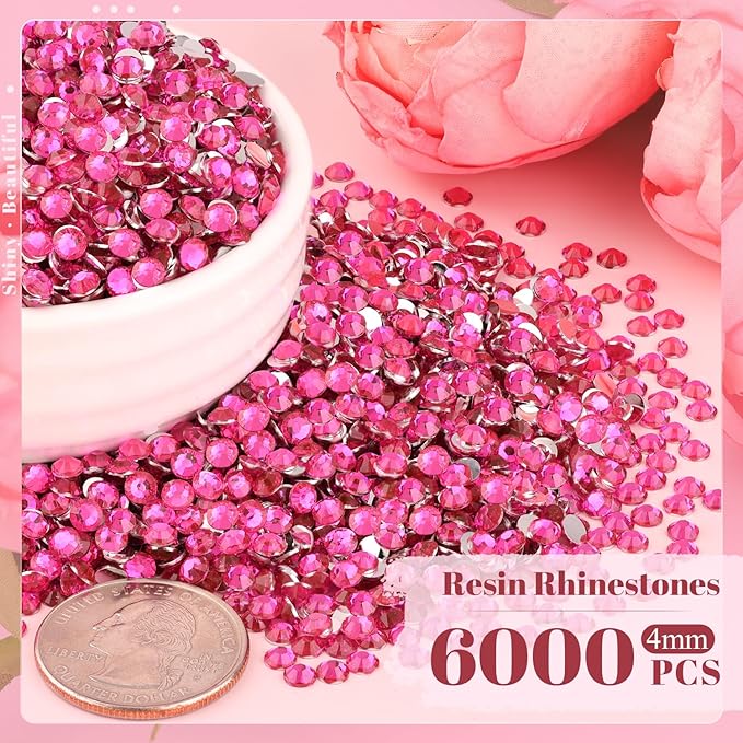 6000PCS 4mm Resin Rhinestones Bulk for Crafting (Hot Pink), Flatback Bedazzling Crystals for Crafts DIY Nail Decoration, Gems Charms for Tumbler Shoes Clothing Fabric with Pickup Pen and Tweezers