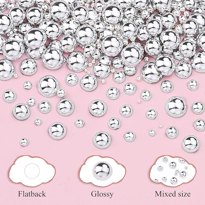 Silver Caviar Nail Beads and Nail Pearls, Mixed Size Half Round Flatback Pearl Silver Balls Nail Charms for Nails with Pickup Tools for Nails Face Eyes Makeup(33-K1-6)