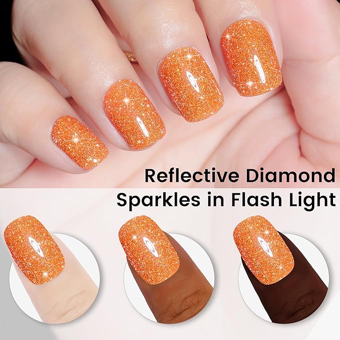 YTD Likomey Colorful Reflective Glitter Gel Nail Polish,15ml Orange Flash Diamond Shimmer Nails Gel,Sparkly Shiny Salon Home Fall Winter Manicure UV Varnish,SZ394