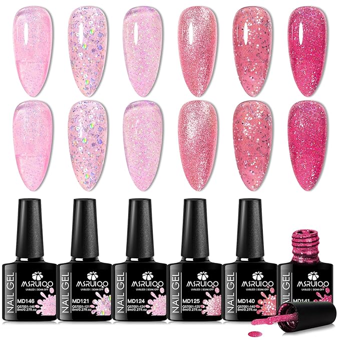 6Pcs Pink Glitter Gel Nail Polish Set Hot Pink Tones Sparkle Gel Polish Bright Pink Nail Polish Gel Suitable for Girls Women Manicure Lovers