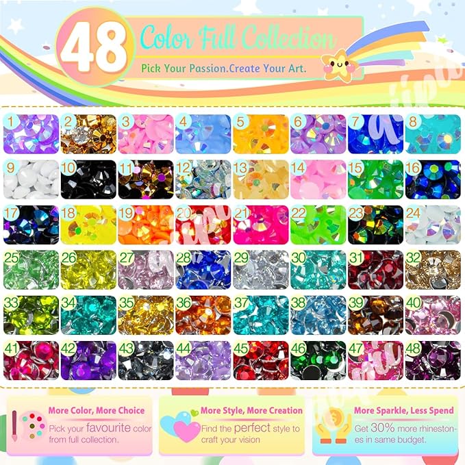 48 Color 6mm SS30 Jelly AB & Crystal Colorful Resin Rhinestones for Bedazzling Crafting Flatback Stones Gems Diamonds Bedazzler Kit for Nails Eyes Face Makeup Tumblers Bottles DIY Crafts Shoes