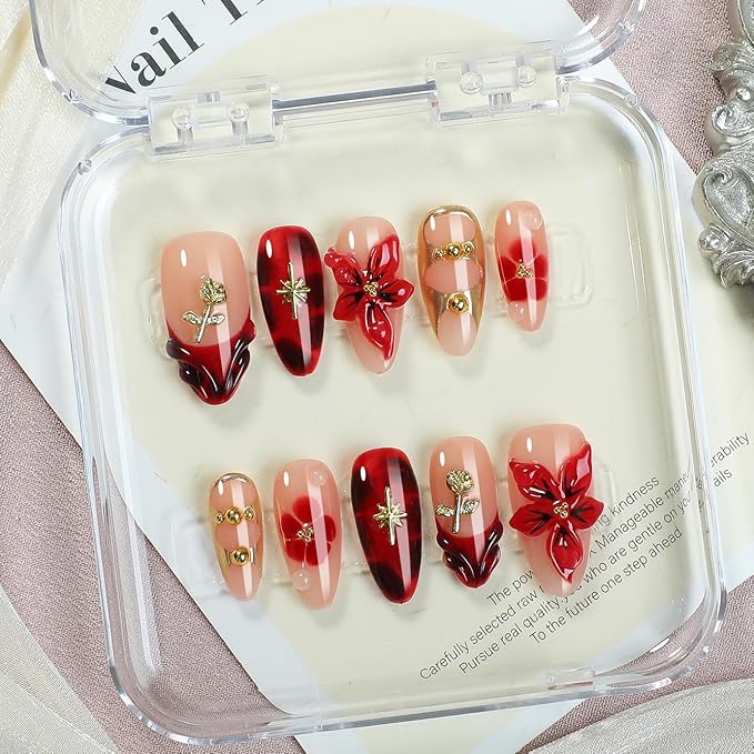 Ruby Red Handmade Press On Nails 10pcs Set, 3D Floral Sculpted Almond Tips with Gold Rose & Star Charms, Deep Jelly Wine Red Gradient Art for Romantic Date Night & Valentine’s Day – Appife
