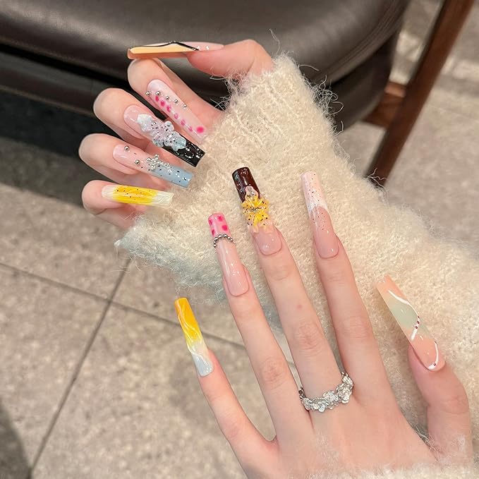 Long Square Press on Nails - Luxury Handmade French Tips Press on Nail with 3D Flowers & Rhinestones Cross Design，Multi-Layer Gel False Nails for Women (Ice Crystal Water Lily,S)
