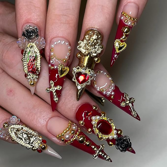80Pcs Gold Virgin Mary Nail Charms Set with Crowns, Crosses, Hearts, Angel Wings, Stars,four types of Roses, for Women Girls Nail Decorations DIY Craft