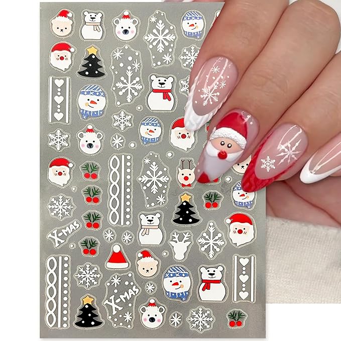 Christmas Nail Art Stickers, Self-Adhesive Red Santa Hat Snowflake Elk Xmas Tree Design for Holiday Nail Decals, Pegatinas Uñas Navidad DIY Decorations (4 Sheets)