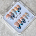 Handmade Press On Nails, Blue French Tip Winter Medium Almond Nails with 3D Flower Art | Reusable Fake Nails Kit for Women, Salon-Quality Glue-On False Nails（10PCS)