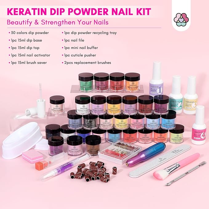 SAVILAND Dip Powder Nail Kit with Drill: Starter Kit 103 Pcs Keratin Dip Nails Powder Kit 30 Colors with Dipping Powder Liquid Set with Base Top Coat Activator for Beginners All Seasons Home DIY Salon
