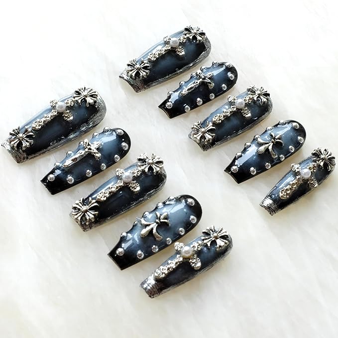 Gothic Press-On Nails, Long Ballerina Shape, Blue with Chrome and Pearl Accents, Handmade False Nail 10 Pieces (Small, LS)