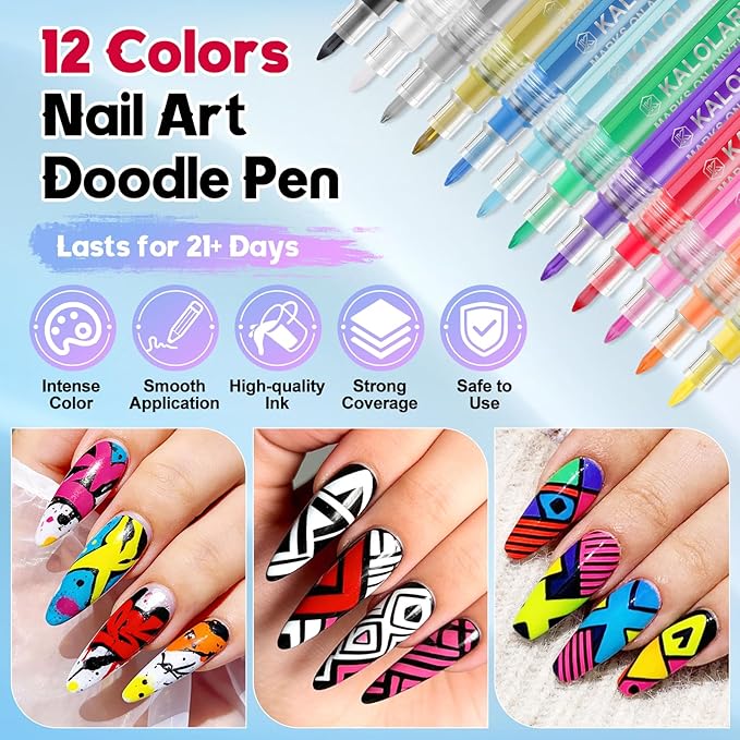 Kalolary 12 Color Nail Art Pens Set, 0.7MM Fine Tip Nail Polish Pens Acrylic Paint Pen Nail Art Markers Quick-Drying Nail Art Tools for Dotting Drawing Painting DIY Nail Art Beauty Manicure（H）