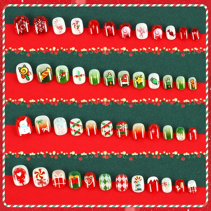 JANYUN 96 Pcs Christmas Candy Fake Nails, Press on Nails Pre-glue Full Cover Fake Nail Tips Short False Nails Art Nails Gifts