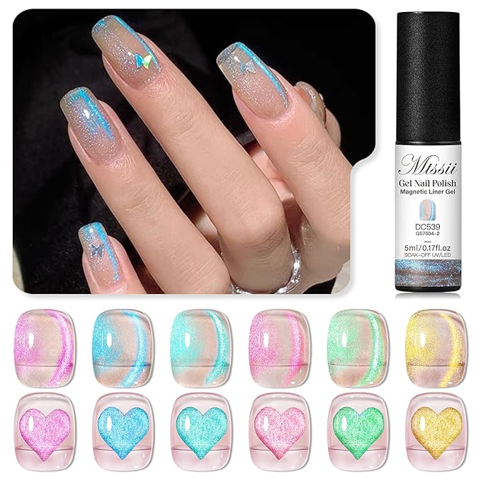 MTSSII Magnetic Liner Gel Nail Polish Candy Colours Bright Sparkling Semi Permanent Nail Painting Polish Long-Lasting Cat Eye Nail Polish Gift For Women Girls
