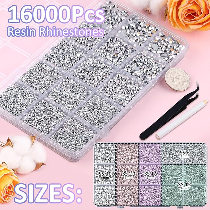 16000Pcs Resin Rhinestones with Tweezers for Crafting, Silver 2-6mm Mixed Sizes Non Hotfix Flatback Gems, Bedazzling Crystal for DIY Crafts Clothing Tumblers Mugs Shoes Fabric Decor Nail Art