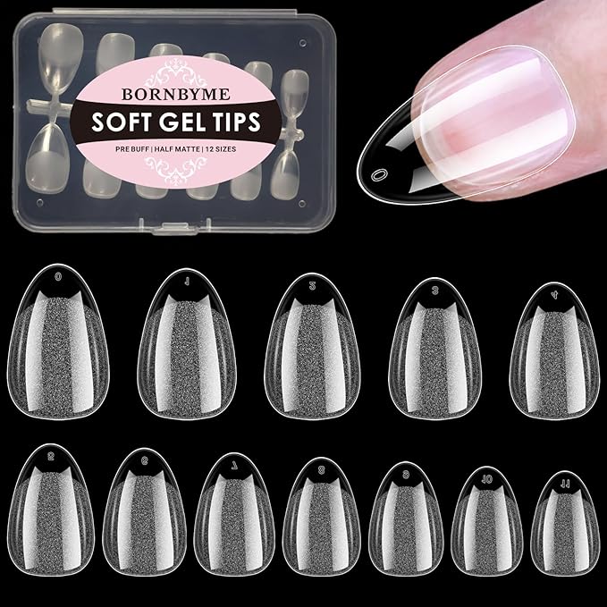 Extra Short Almond Soft Gel Nail Tips,120PCS Pre Buff Full Cover Shaped Nail Extenison Tips Half Matte Gel Nail Tips Acrylic False Nail Tips