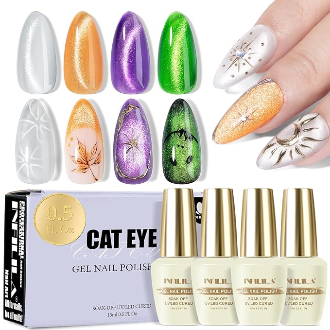 NXJ INFILILA Magnetic Cat Eye Gel Nail Polish Set of 4 Colors 15ML Bottles - Fall Winter Purple Green Silver Orange Sparkle Galaxy Nail Polish Kit for LED/UV Lamp, DIY Nail Art Manicure Supplies
