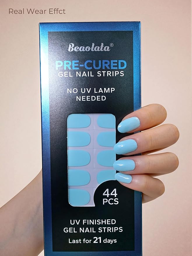 Pre Cured Gel Nail Strips - 44PCS Salon Quality Gel Nail Stickers - Long Lasting Polish Wraps for Women no UV Light Needed Easy Apply & Remove (ICY Blue)