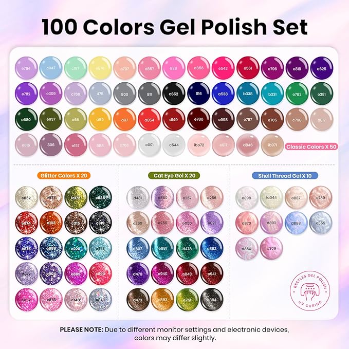 Beetles Nail Nook Gel Nail Polish Set - 119 PCS 100 Colors Gel Polish Kit Base Glossy Matte Glitter Top Coat Glitter Pearl Cat Eye White Red Pink Nude Uv Led Nails Easter Gift for Women