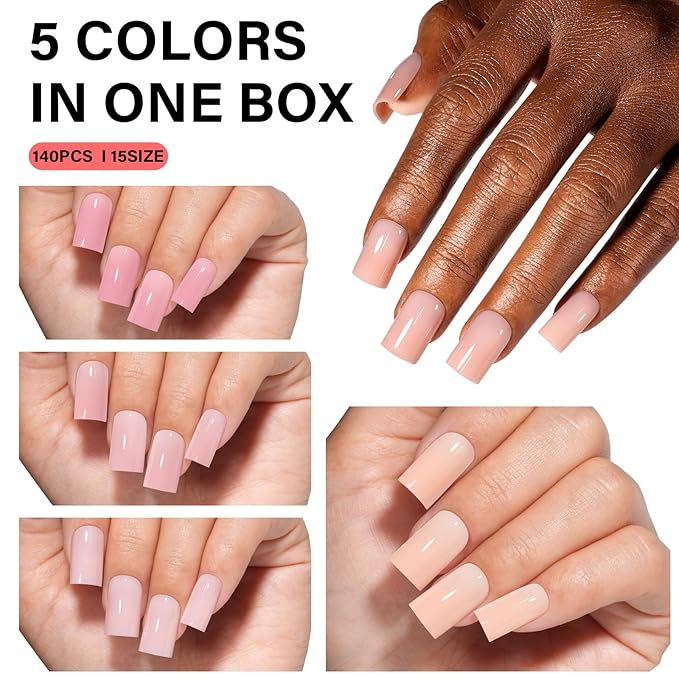 AILLSA RealFit Nude Pink Press On Nails Short Square - Pre-Shaped 4 in 1 False Nails Set, Long-Lasting Nail Extensions for Salon Home DIY Gifts 150 PCS