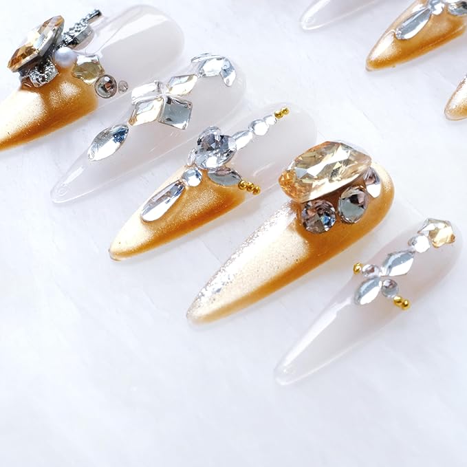 Luxury Long Stiletto Press-On Nails, Yellow Glitter with 3D Rhinestones and Heart Gems, Handmade False Nail 10 Pieces (Small, LS)