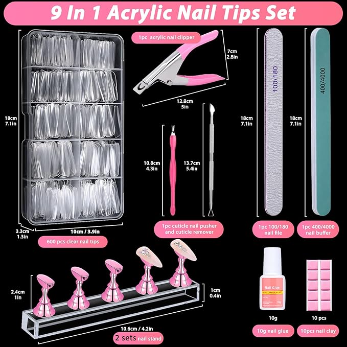 600PCS Clear Coffin Nail Tips Set Qinzave Clear Acrylic Nail Tips with Nail Glue Coffin Nails Full Cover with Nail Display Stand, Cuticle Nail Pusher Remover, Nail Files Buffer