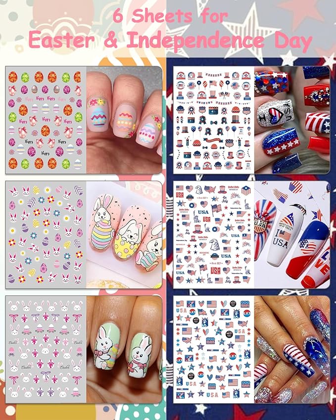 30 Sheets 7 Holiday Nail Art Stickers, Mixed Season Nail Decals Set for All Year, 3D Self-Adhesive Pegatinas Uñas Easter 4th of July Halloween Thanksgiving Christmas Valentine's St. Patrick's Day