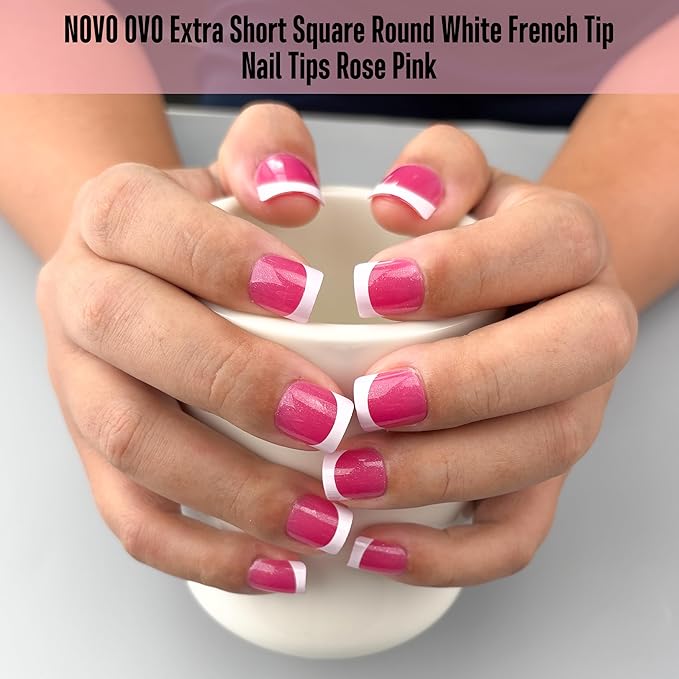 NOVO OVO Extra Short White French Tip Nail Tips, XS XXS Square Round ROSE PINK, for Wide & Short Nail Beds, Thick Full Cover Press on for Women Men, Soft Gel Acrylic Extension kit, 16 Sizes x 224pcs