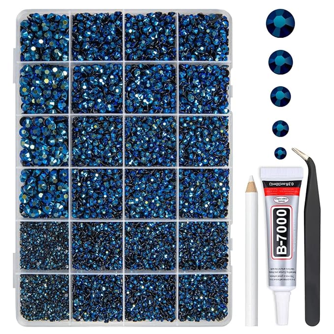 Ink Blue Resin Rhinestones w B7000 Glue for Bedazzling Crafting 2mm-6mm Montana Flatback Jelly Stones Navy Blue Diamonds Gems Bedazzler Kit for Nails Face Eyes Makeup Tumblers Bottles Crafts