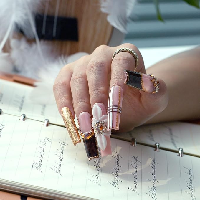 LOVFUL Press on Nails Luxurious Autumn Harvest| Handmade with Full Covered Crystals| Reusable Fake Nails| Square Mid length 1.7in| H344-S