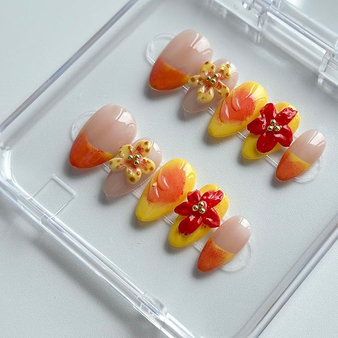 Luxury Press on Nails Short Almond Handmade 3D Unique Reusable ABS Material Fake Nails French Tip False Nails with Designs Flower Yellow&Pink Glossy Glue on Nail Thick Acrylic Nail(M)