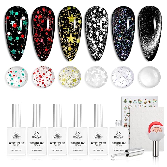 Beetles Gel Top Coat Set, 6Pcs 10ml Sparkle Glitter Cat Eye Top Coat Gel Nail Polish No Wipe Long Lasting Soak Off U V LED Manicure Salon DIY Gifts for Women