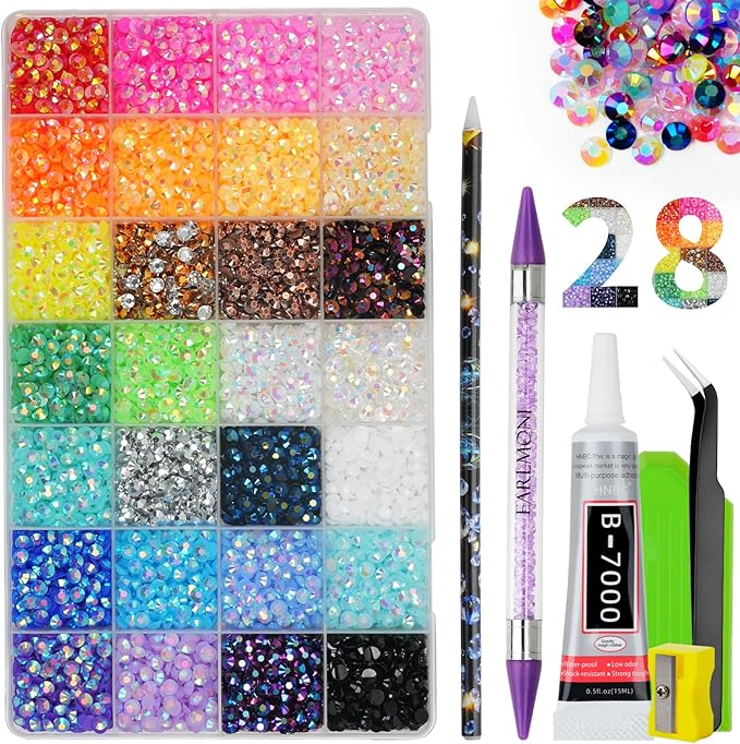 Resin Jelly Rhinestones for Bedazzling, EARLMONI Multi Colord Bedazzler Kit with 15ml B7000 Glue Rhinestone Pen Tool for Clothes Nail Art (28 Colors, 5MM)