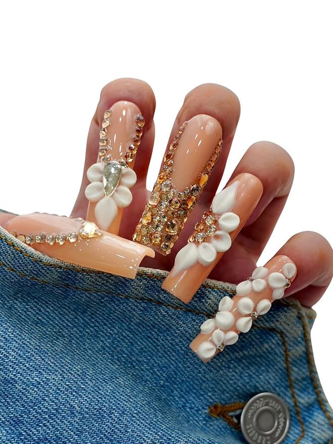 Euphrosyne Nude Pink Long Press On Nails – 10pcs Handmade Fake Nails with Rhinestones & 3D Flowers | Bridal Wedding Party Gifts