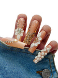 Euphrosyne Nude Pink Long Press On Nails – 10pcs Handmade Fake Nails with Rhinestones & 3D Flowers | Bridal Wedding Party Gifts