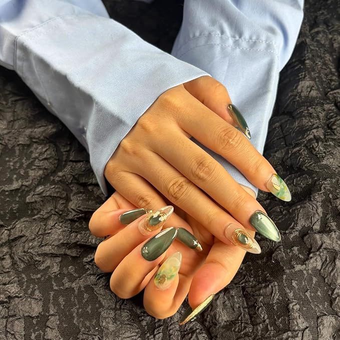 Handmade Press On Nails Short Almond, Greenish - Grey & Translucent Acrylic Fake Nails with Gold Accents, Luxury Press On Nails with Charm Design for Wedding & Party Wear(AKA 014, Long)